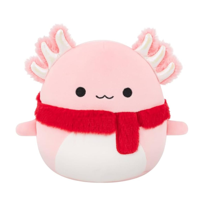 Medium Plush Squishmallows 12” - Archie - Dark Pink Axolotl W/White Belly And Red Fuzzy Scarf)