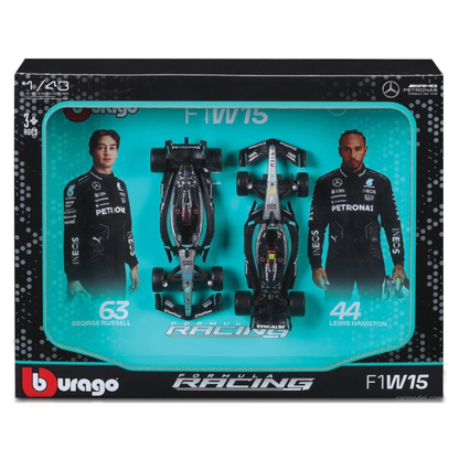 Bburago F1 - 1:43 Diecast - Mercedez Amg Petronas W15 Team (2024) Formula (W/O Helmet & Plastic Stand - 2Pk Vertical