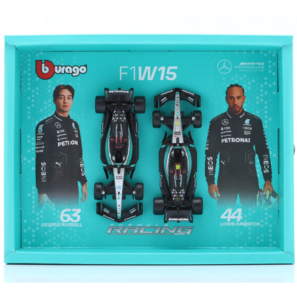 Bburago F1 - 1:43 Diecast - Mercedez Amg Petronas W15 Team (2024) Formula (W/O Helmet & Plastic Stand - 2Pk Vertical