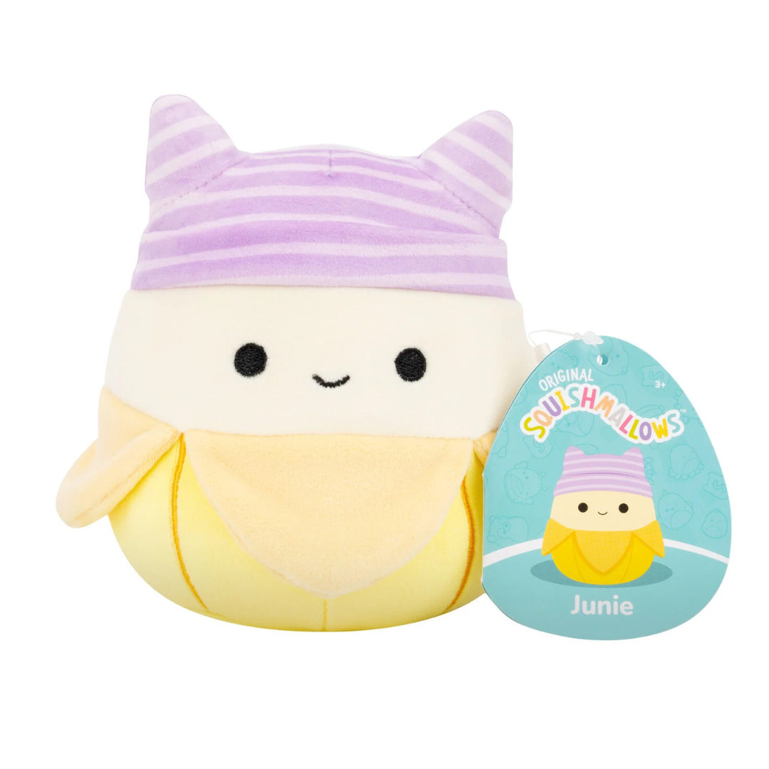 Little Plush Squishmallows 5” -Junie - Yellow Banana W/Purple Striped Cat Beanie