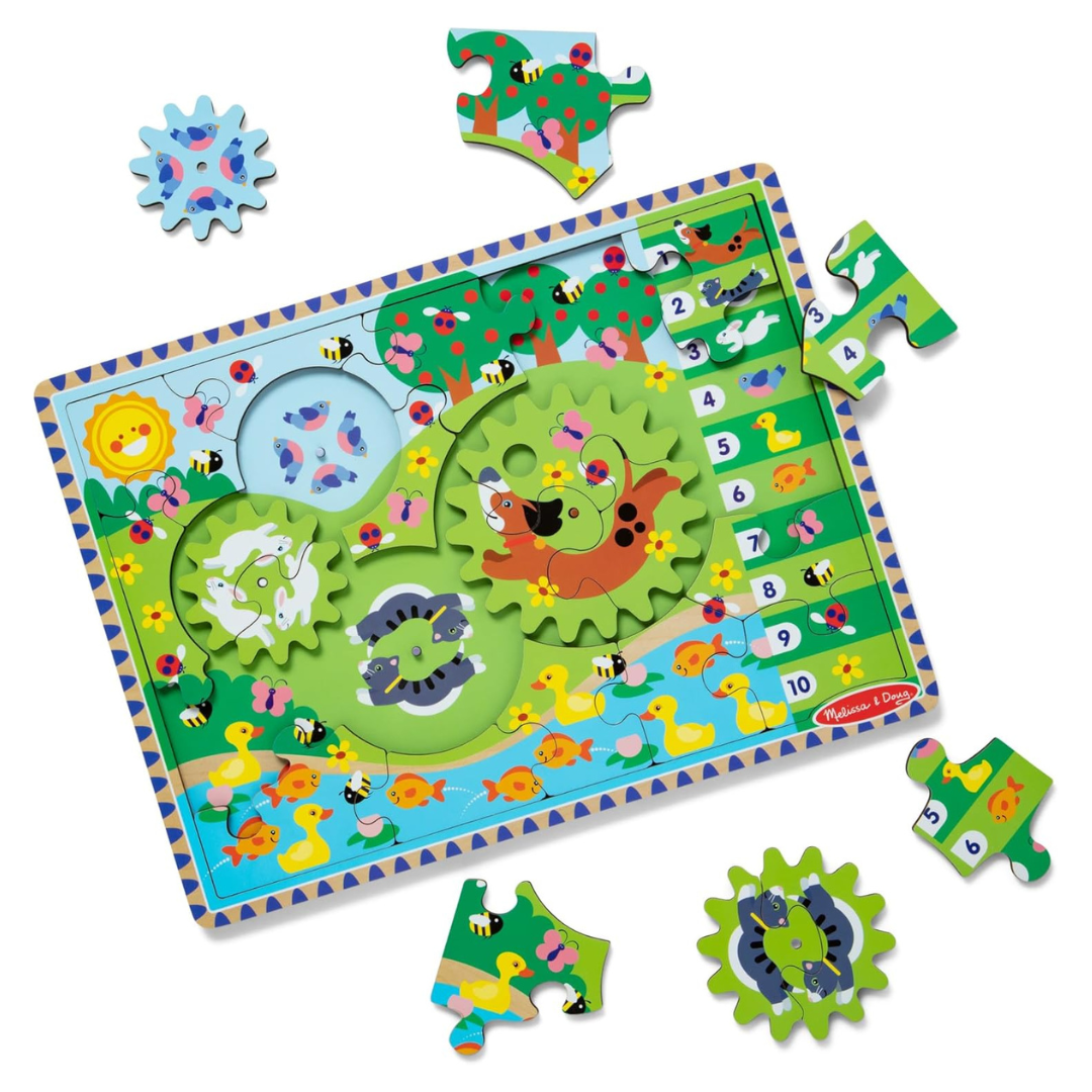 Melissa & Doug Wooden Animal Chase Jigsaw Spinning Gear Puzzle – 24 pc 3D Wood Toy